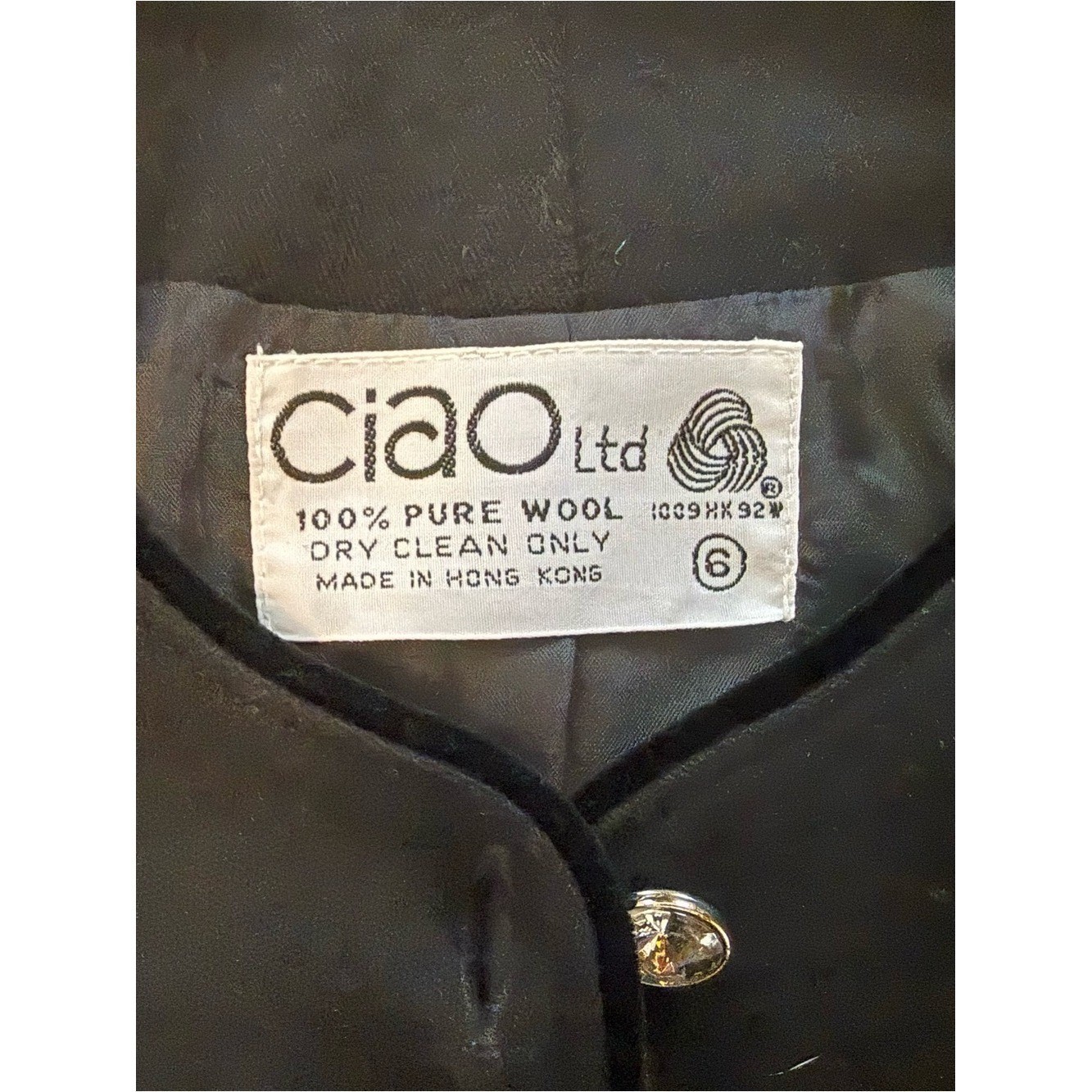 Vintage Ciao Ltd Hong Kong Black Wool Beaded Leaf Blazer Jacket Size 6 80s