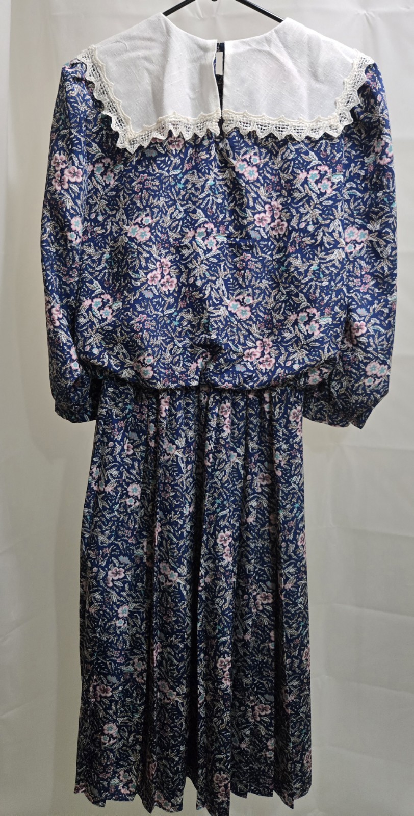 Womens Vintage Lisa II Blue Floral Pleated Dress W Collar 3/4 Sleeves 10