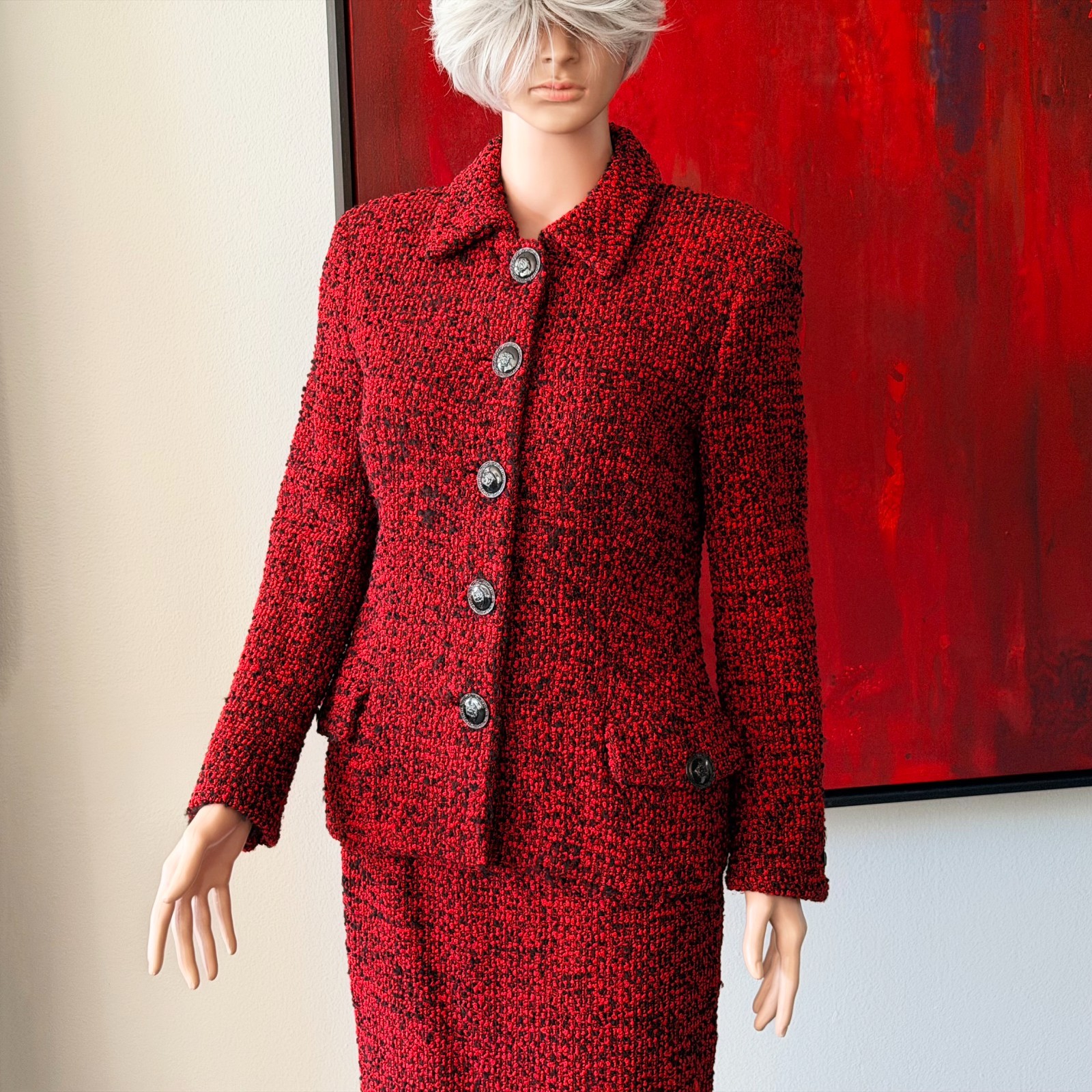 GIANNI VERSACE red wool boucle skirt suit size 42 from F/W 1995/96