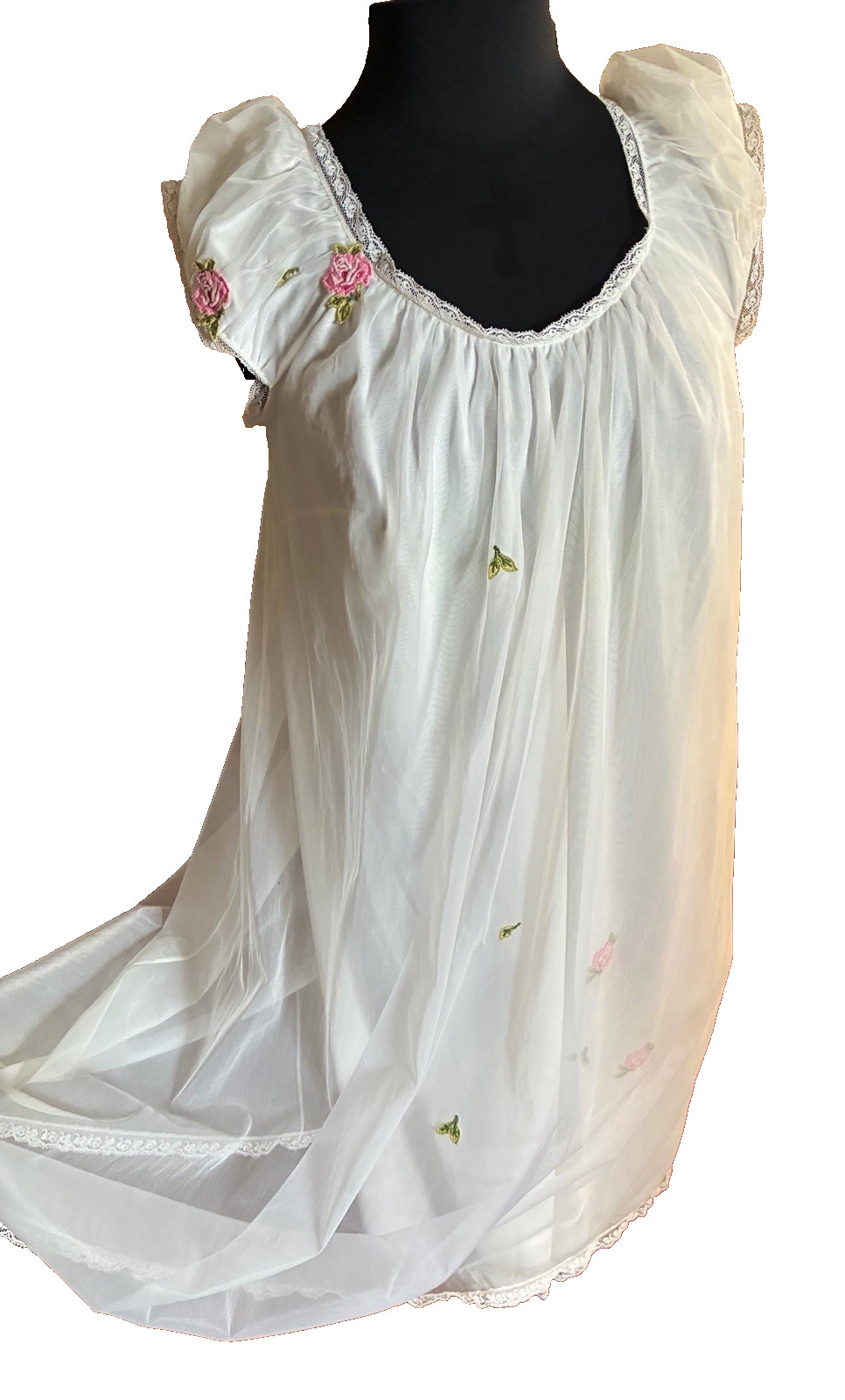 Vintage White Laros Nylon Nightgown Flower Appliqués Size Med Cut # 125
