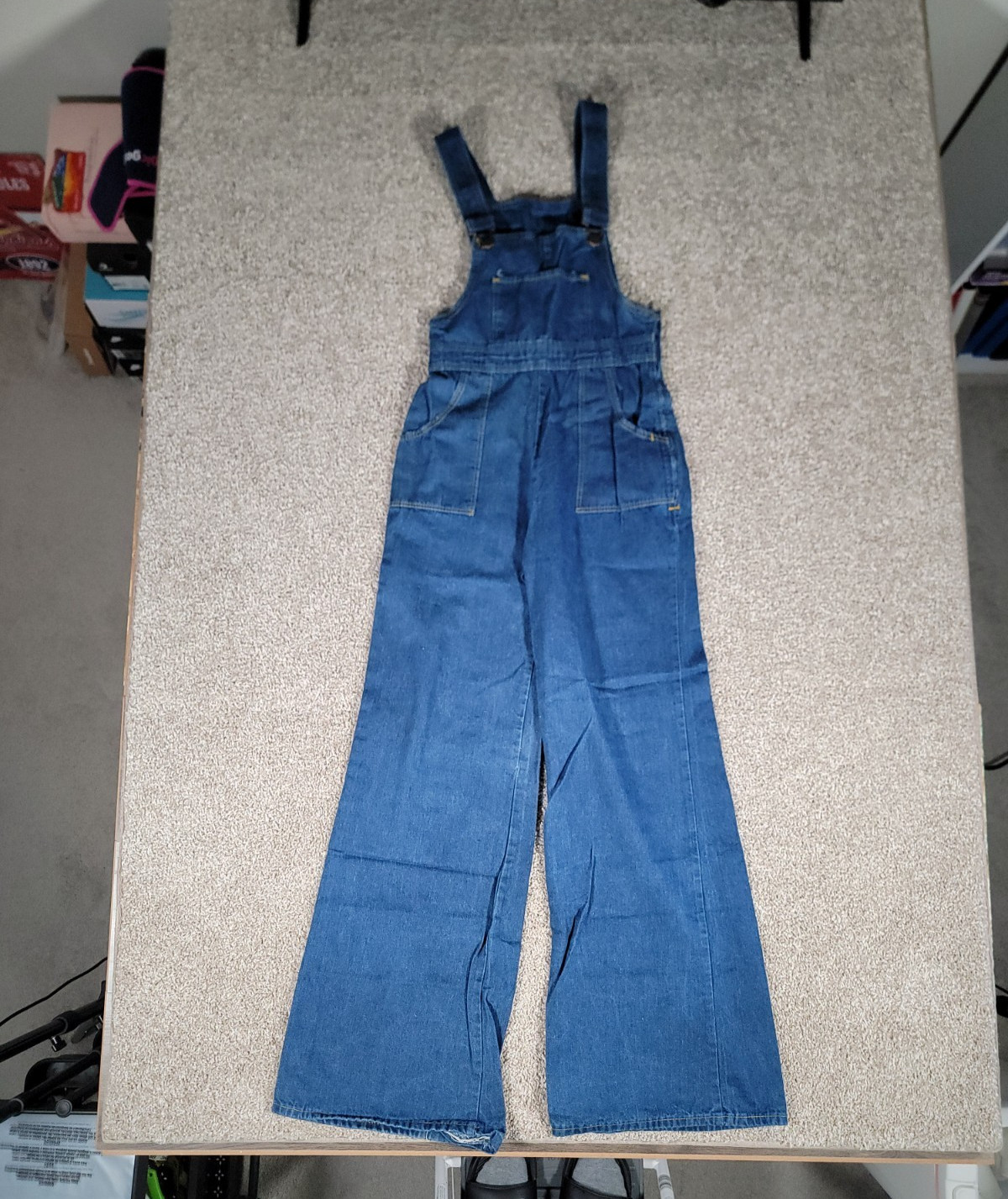 VTG 70s Denim Overalls Jumpsuit Juniors Small Womens Flare Hippy Boho Festival