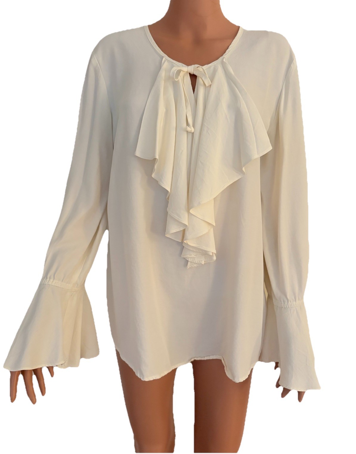 Vtg 1980s LS Blouse Romantic Pirate Tunic Top Long Loose Ruffled Bib & Cuff Sz L