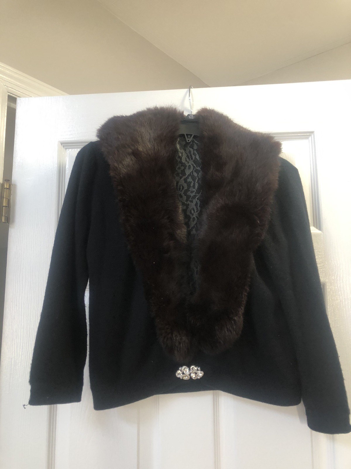 60s VTG Wool Cardigan w Black FUR COLLAR and Rhinestone Clasp