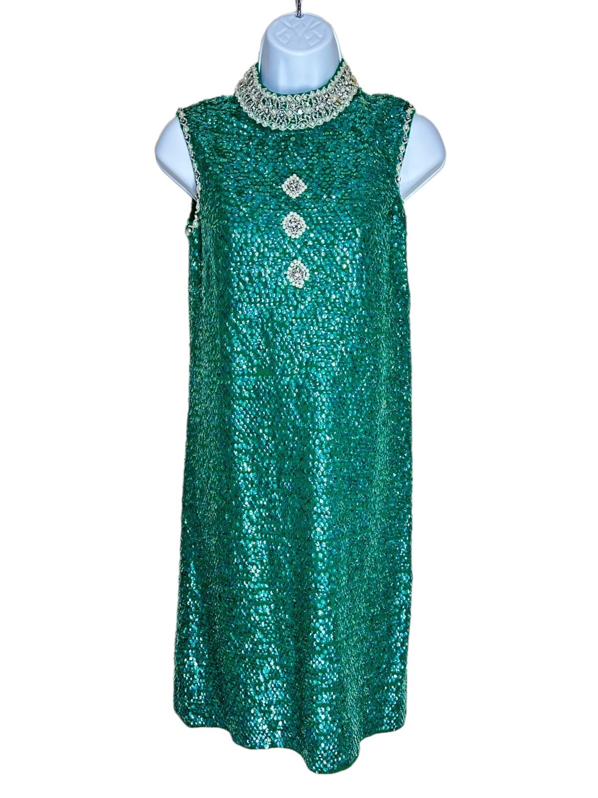 Vintage Imperial 50s 60s Green 8 All Over Sequin Dress Beaded Collar Cocktail