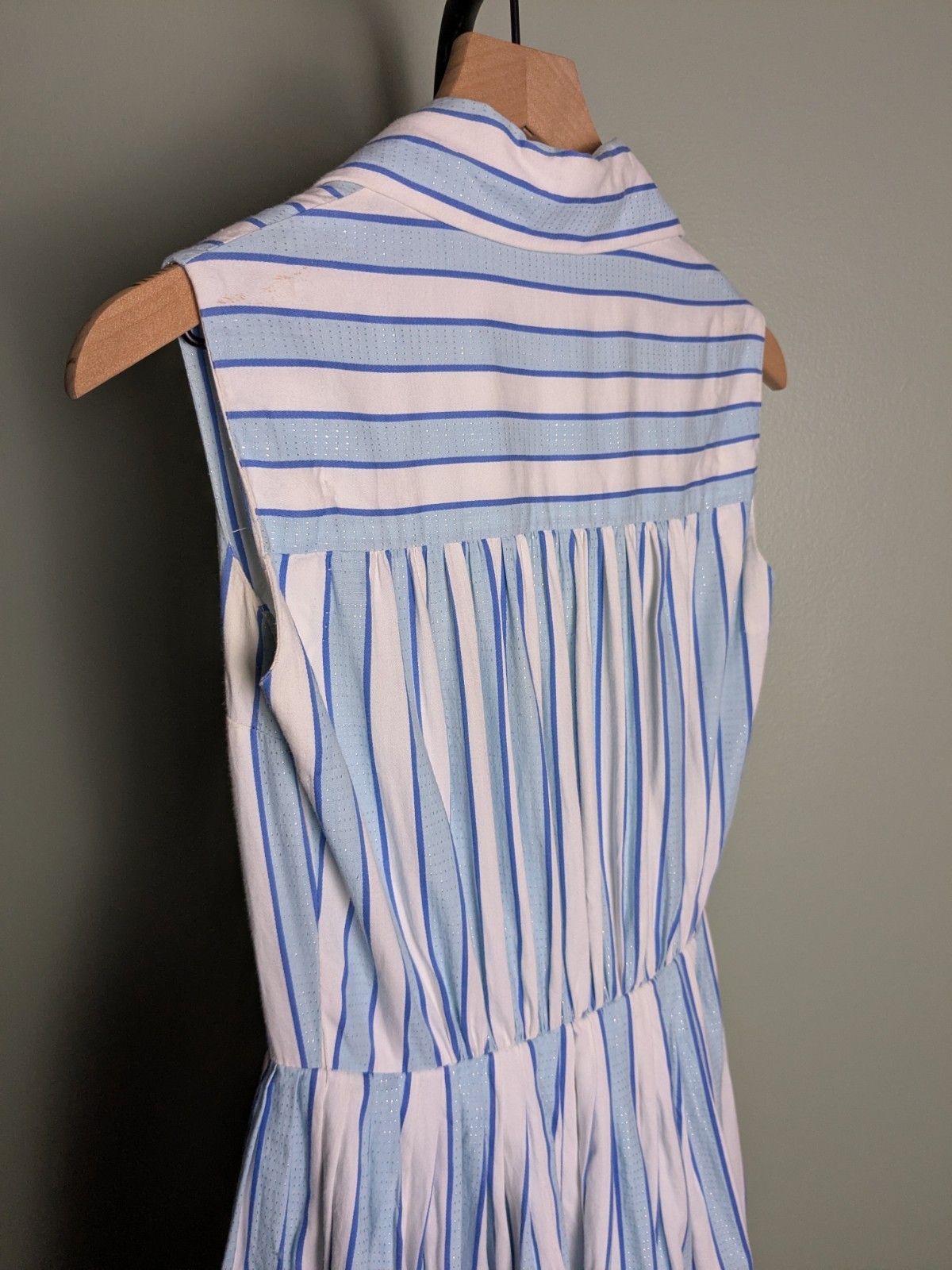 True Vintage Fit Flare Pastel Blue White Striped Shirtwaist Dress