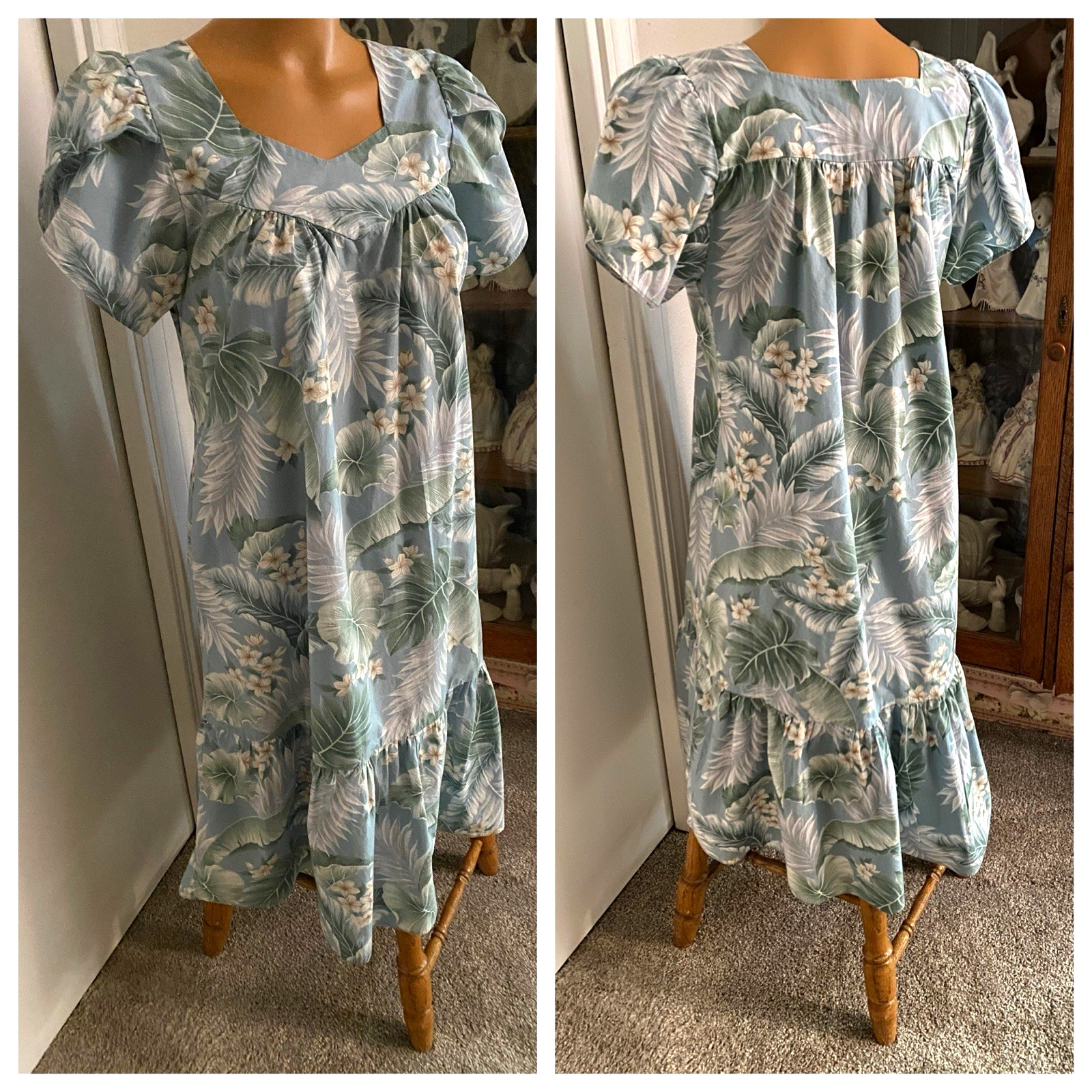 VTG ALOHA REPUBLIC BLUE EXOTIC FLORAL COTTON BLEND HAWAIIAN DRESS SZ S-M