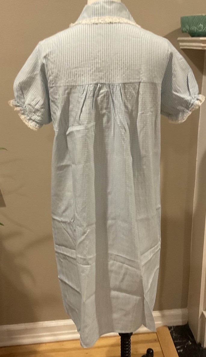 Vintage Blue Checked Cotton Lace Trim Housecoat Dress Granny Cottage Core Small