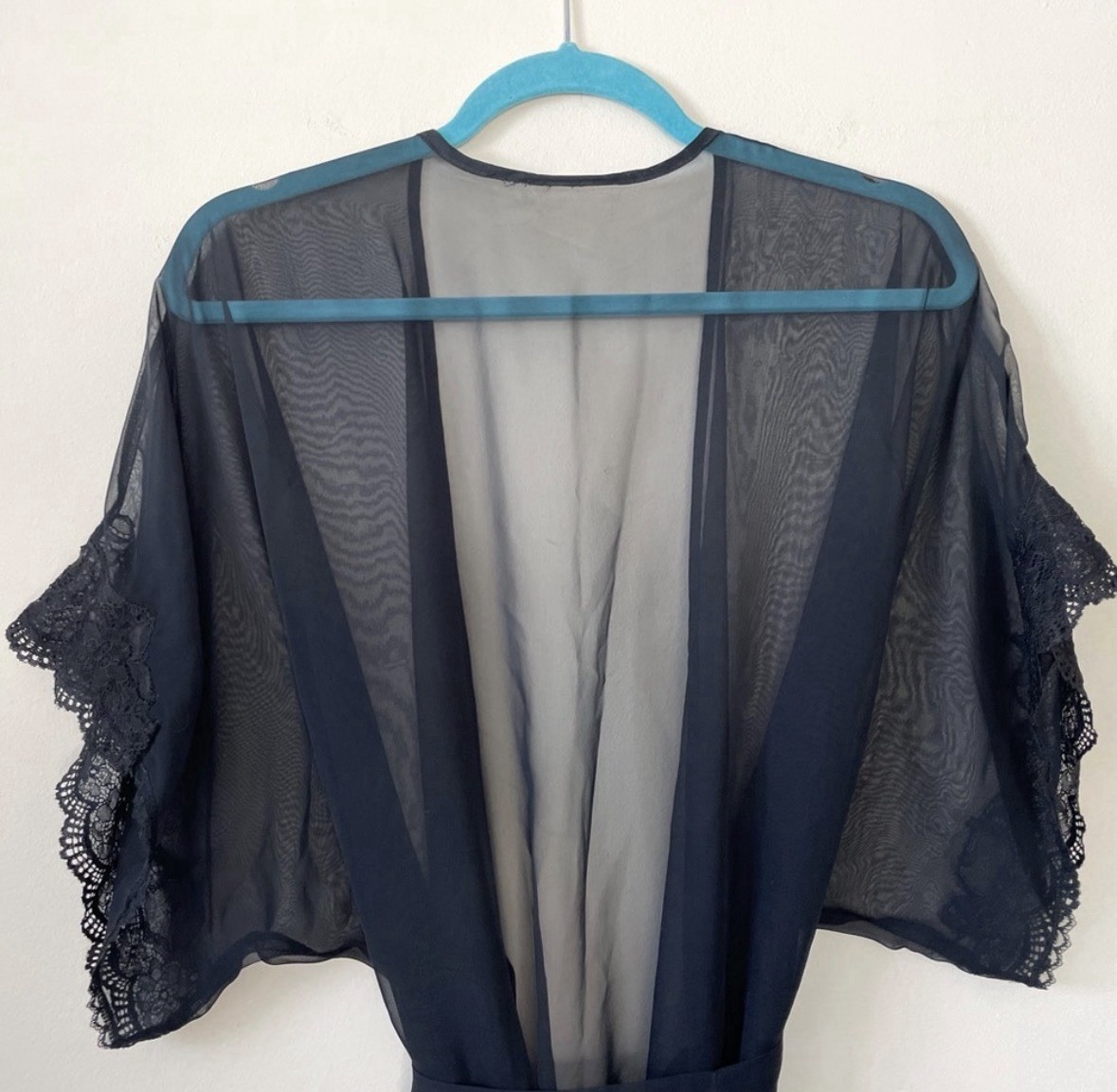 Vintage Black Silk Chiffon & Lace Lingerie Robe Size Small