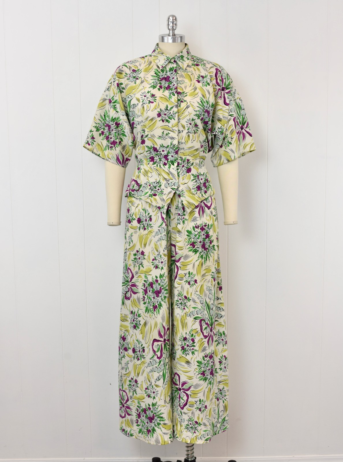 Vtg 1980s Norma Kamali Floral Ribbon Novelty Print Blouse Palazzo Pants Set