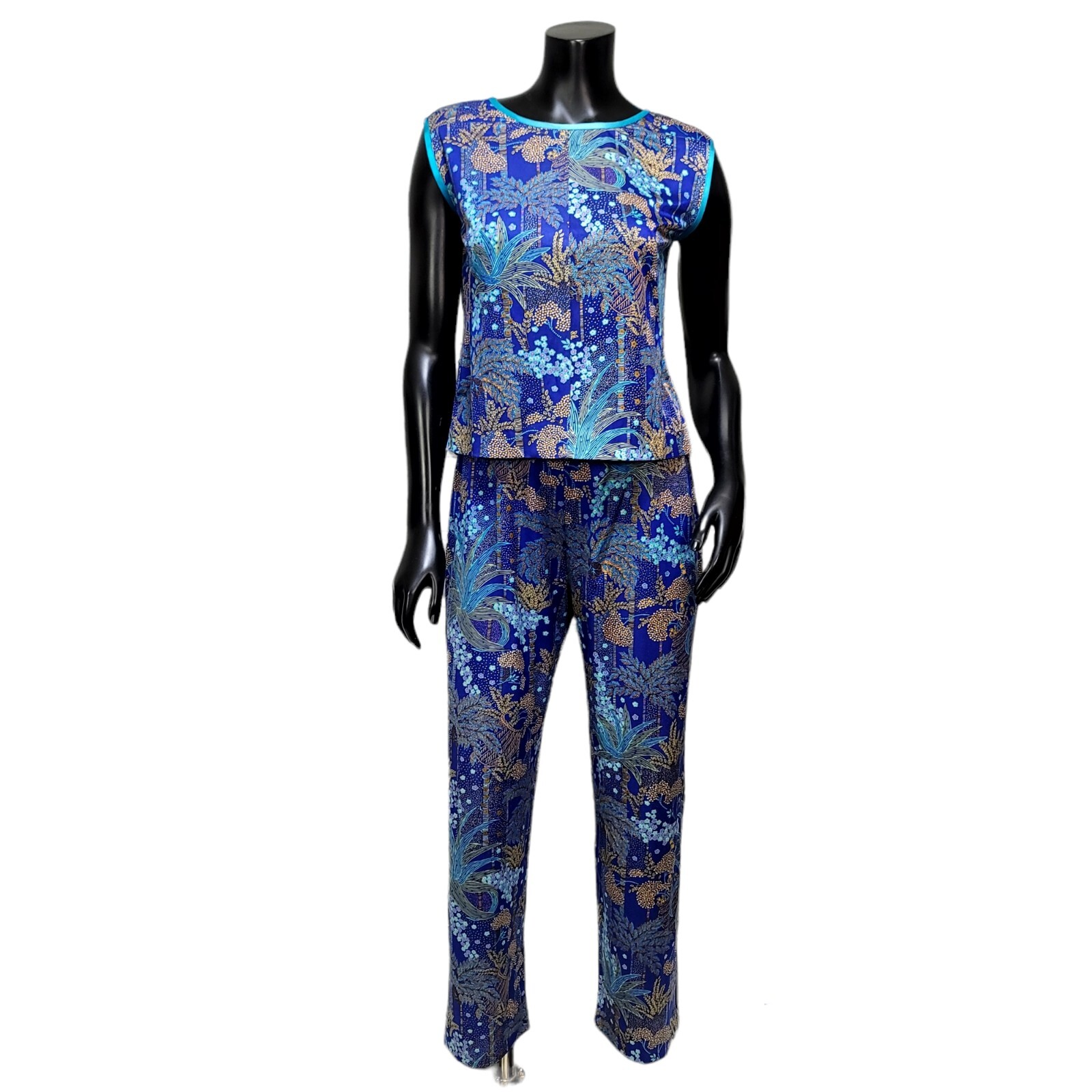 Vintage 70s Blue Tropical Print Pant Set Womens M Lounge Resort Mod 2 Piece USA