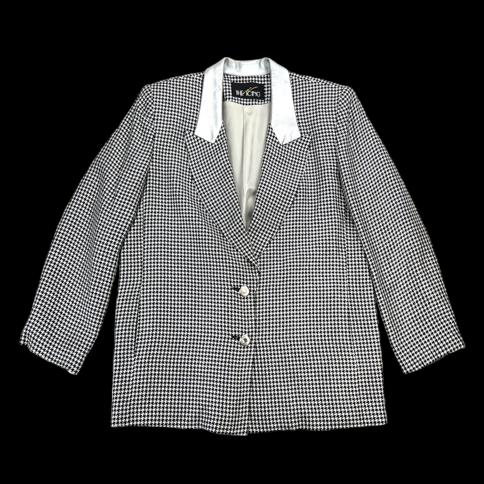 VTG 80s THE ICING WOMENS  BLAZER JACKET SZ L HOUNDSTOOTH SILVER THREAD