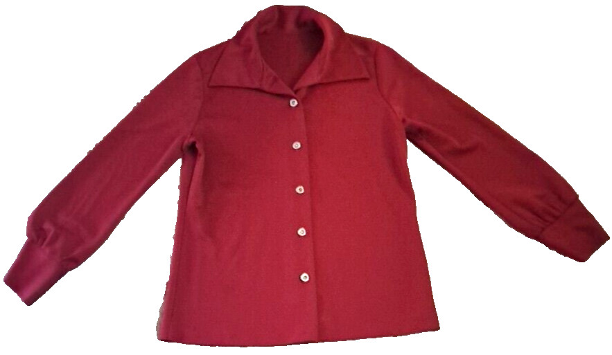 Vintage Womens Button Down Top Burgundy 1970s Polyester Knit Disco Long Sleeve L