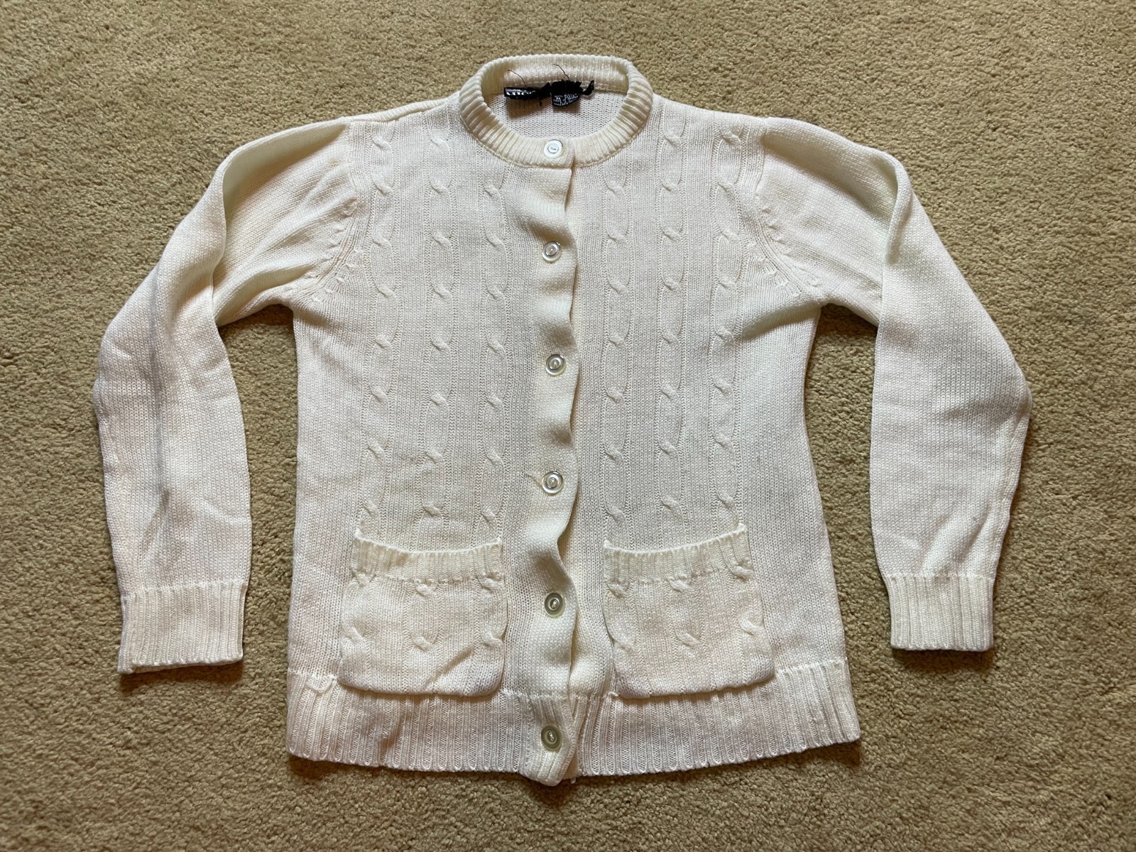Vintage 1960s Ivory Mid Century Cable Knit Acrylic Button Up Cardigan Sweater S