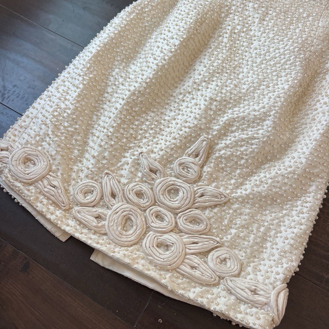 Vtg 90s Baracci Couture Pearl Embellished Rosette Silk Halter Mini Dress Wedding