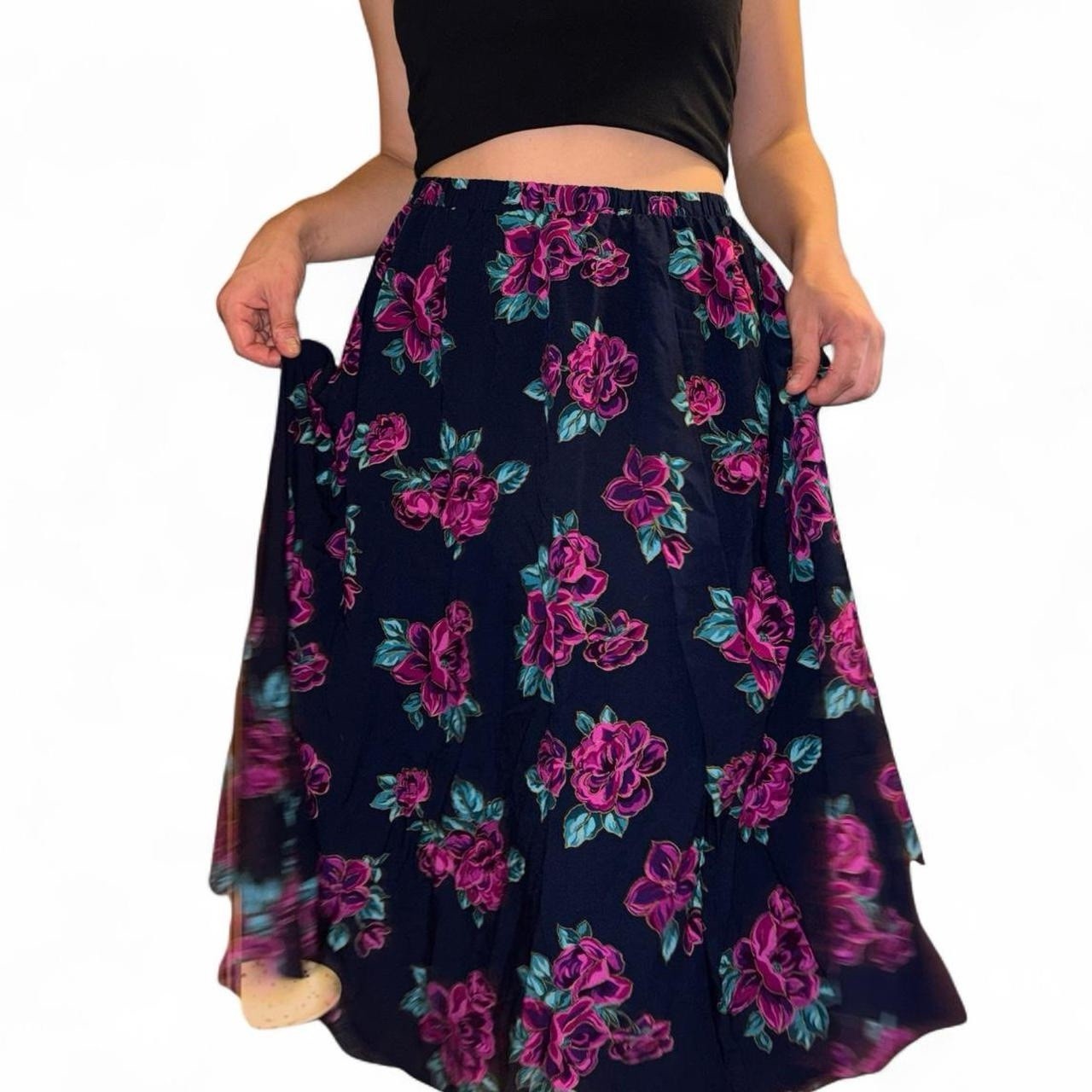 80s vintage navy blue and pink floral maxi skirt with elastic waistband !!