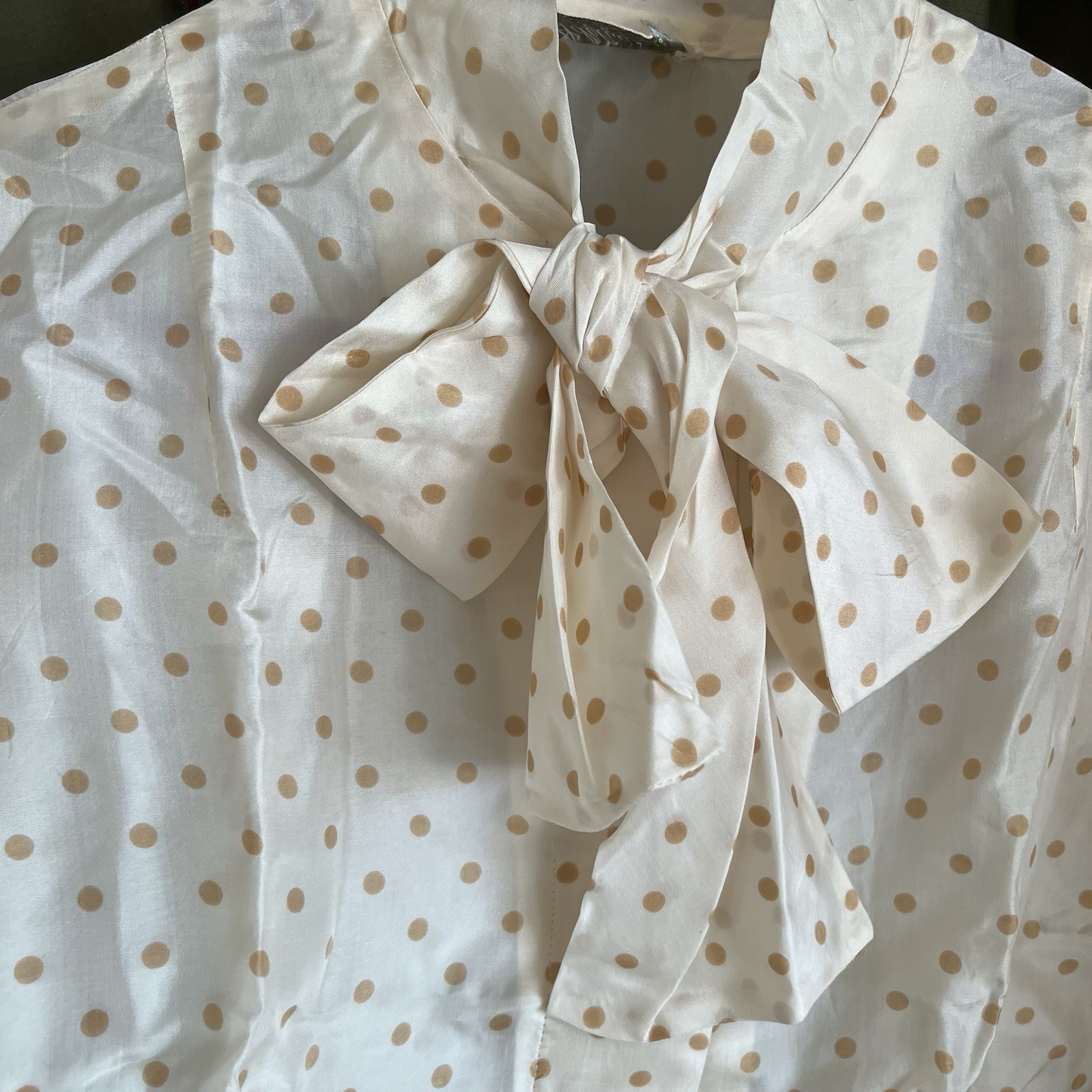 Vintage 50s Adelaar 100% Silk Blouse Polka Dot Cream Pussy Bow Short Sleeve