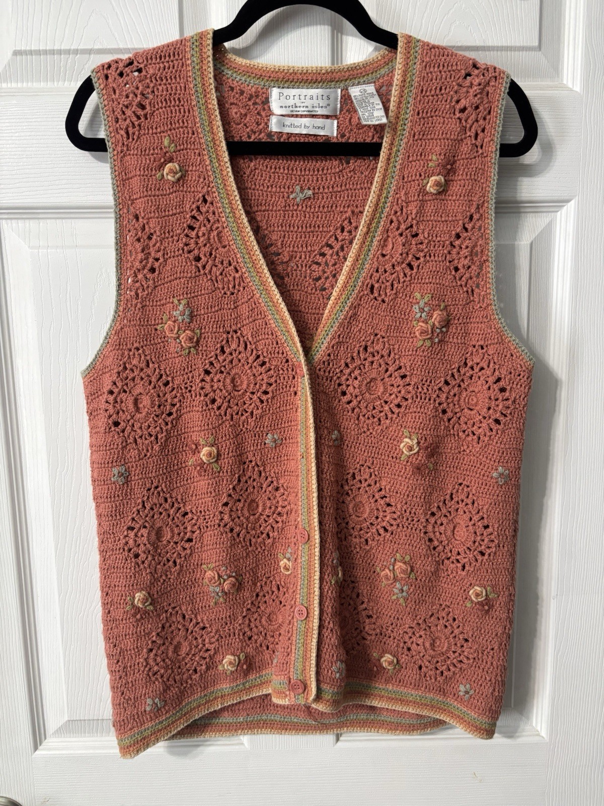Northern Isles Portraits Hand Knit Vest Womens Size Lg Floral Crocheted READ**