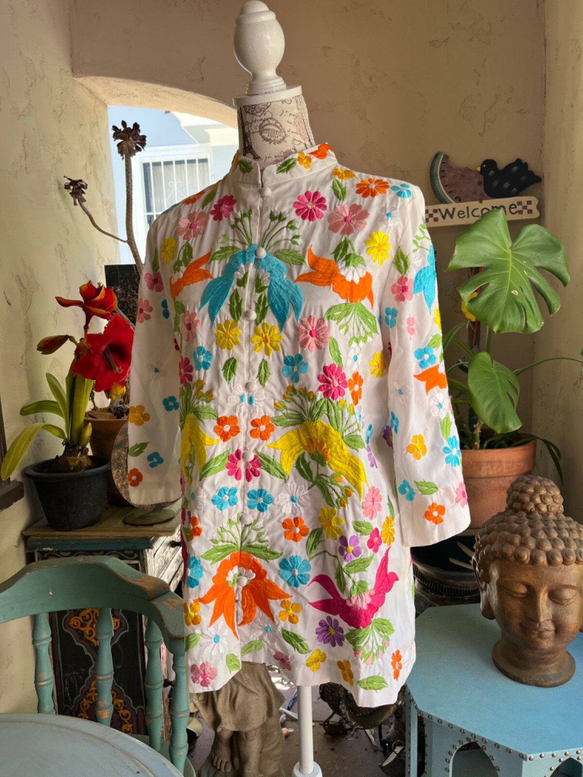 60s Jacket~Long Tunic Blouse~Embroidered Floral Hippie~Mandarin Collar~Size ML