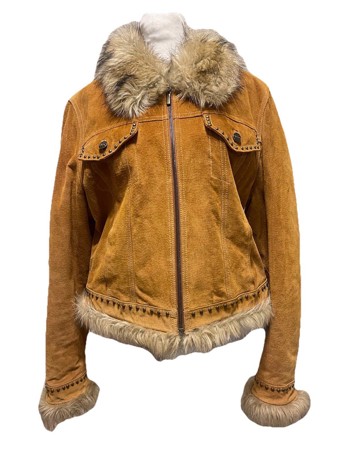 Vtg GIACCA Y2K Genuine Leather Penny Lane Fur Trimmed Studded Full Zip Jacket L