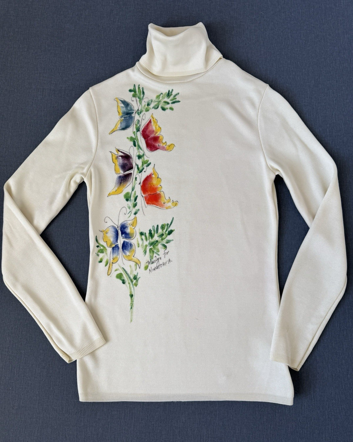 Vintage 70s Knit Turtleneck Hand Painted Butterflies by Marilyn for Ninotchka