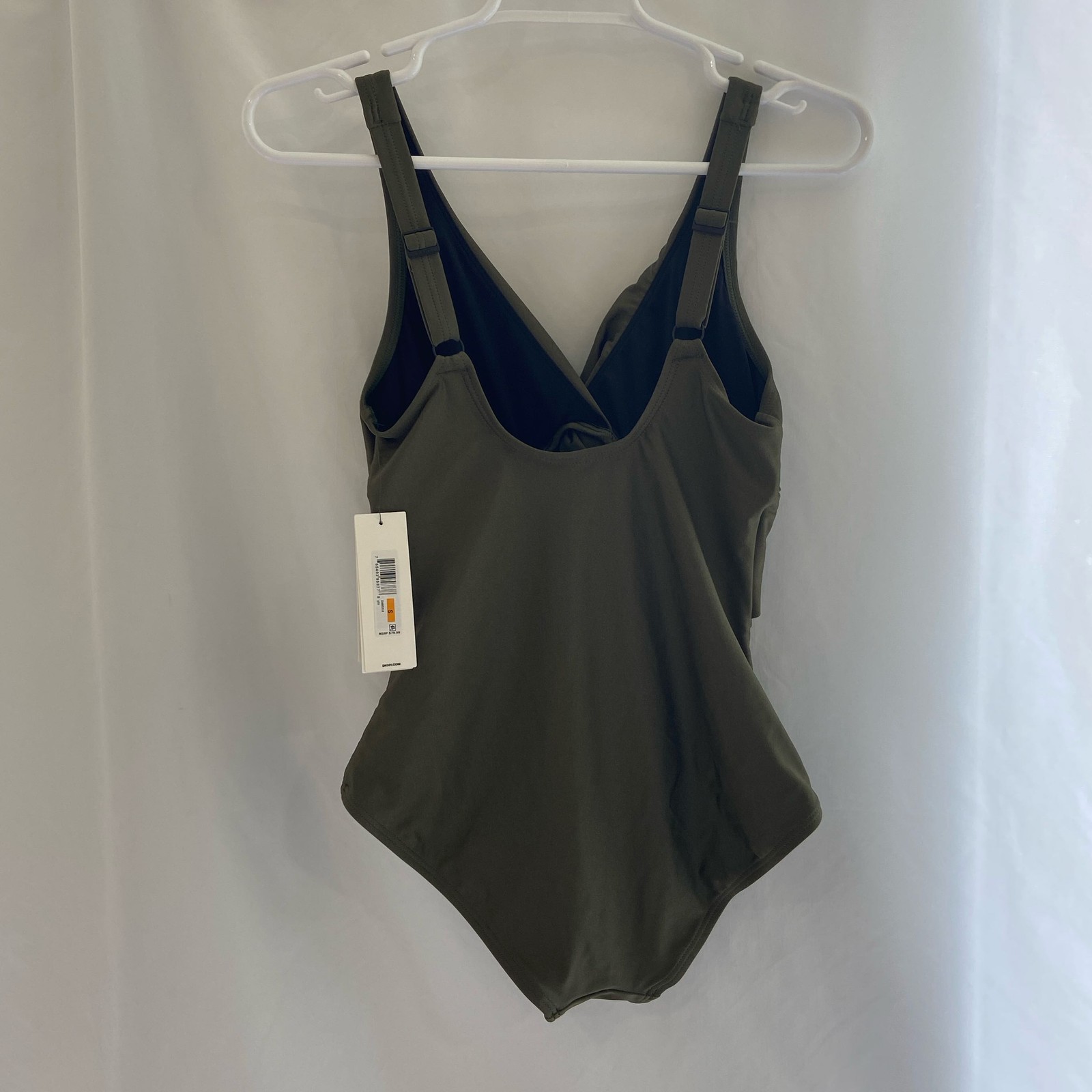 DKNY Deep V-Neck Twist Keyhole One-Piece Swimsuit S Moss Shimmer