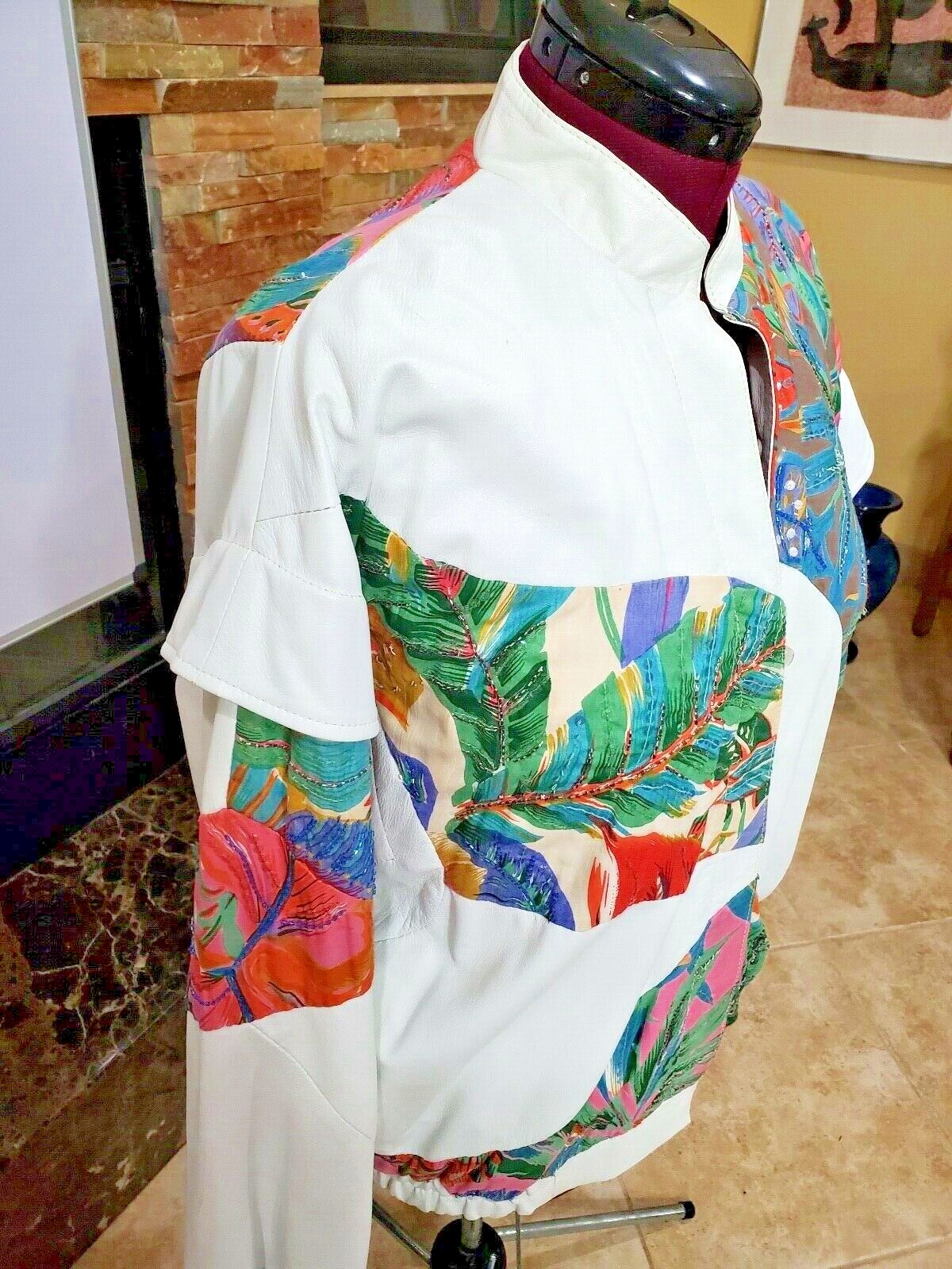 VTG Judith Ann Creation Sequin Beaded White Leather Jacket US L 10-2 Linen 90s