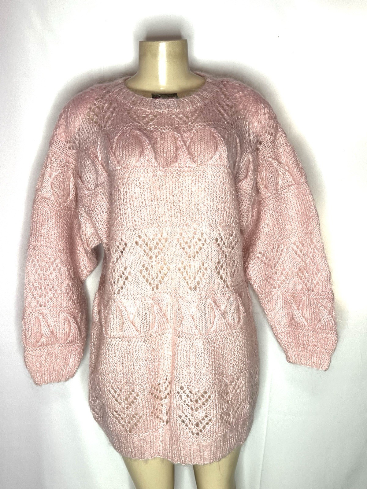 VINTAGE HAND KNIT JENNIFER REED PINK MOHAIR OVERSIZED TUNIC SWEATER SZ LG