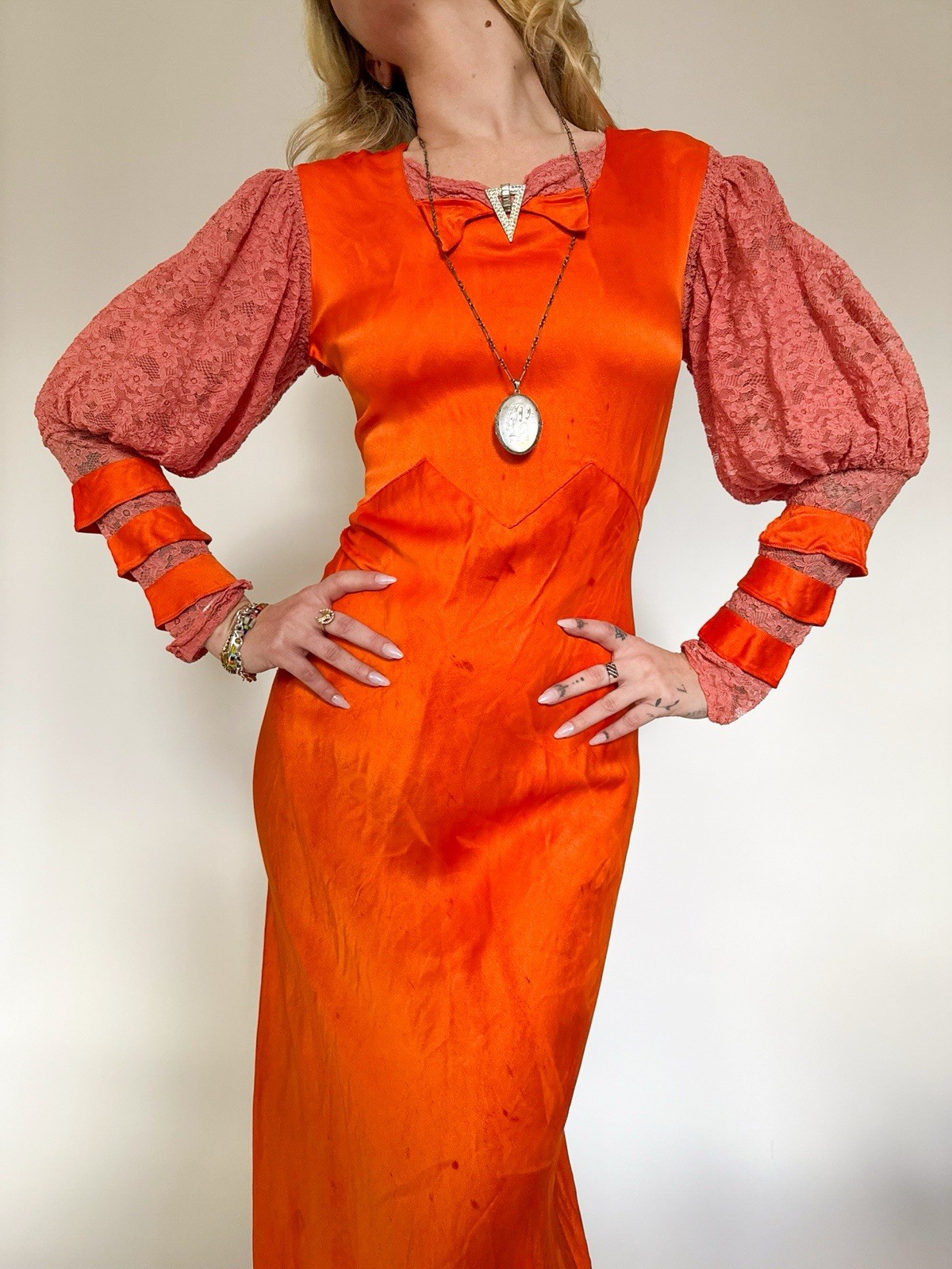 Vintage 1940’s Over Dyed Orange Pink Satin Dress Lace Puff Sleeves Belt