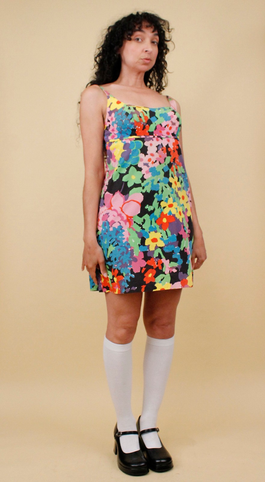60s 70s Vtg Rainbow Floral Micro Mini Dress Open Back Psychedelic Mod B32-34″ S