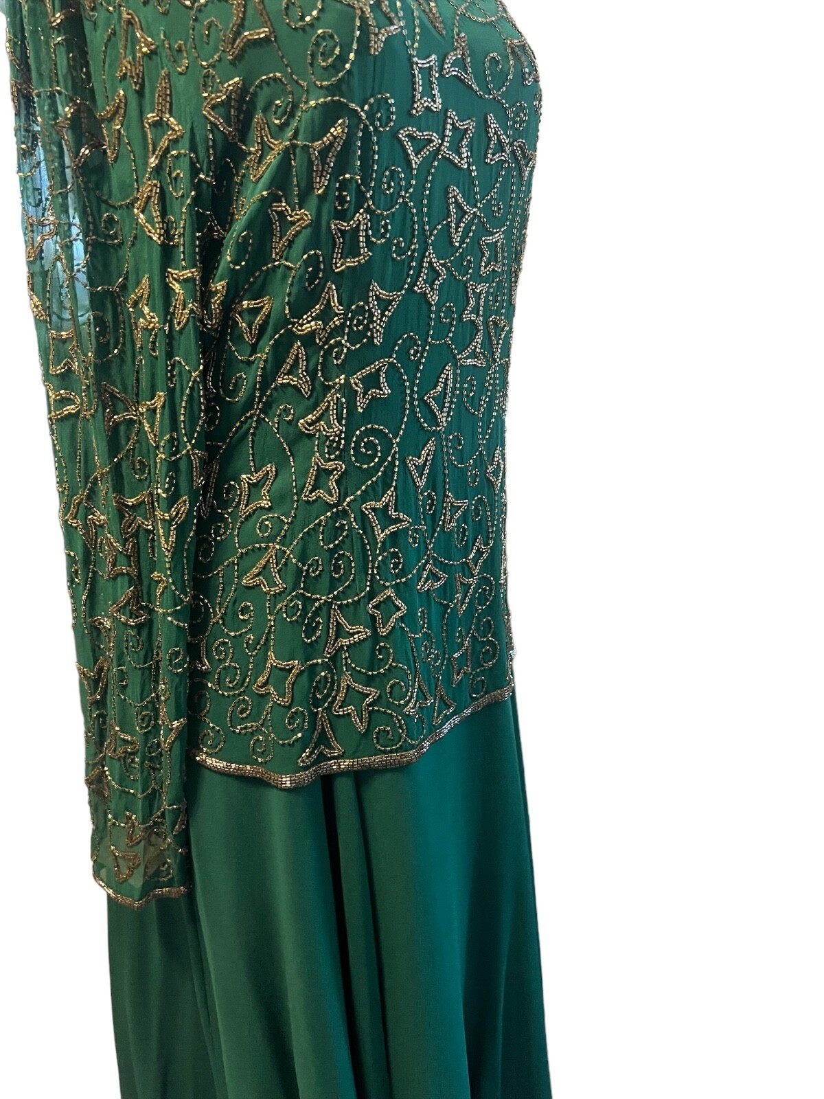 Vintage Evening Gown Niteline by Della Roufogali Green beaded Long sleeve, SZ 16