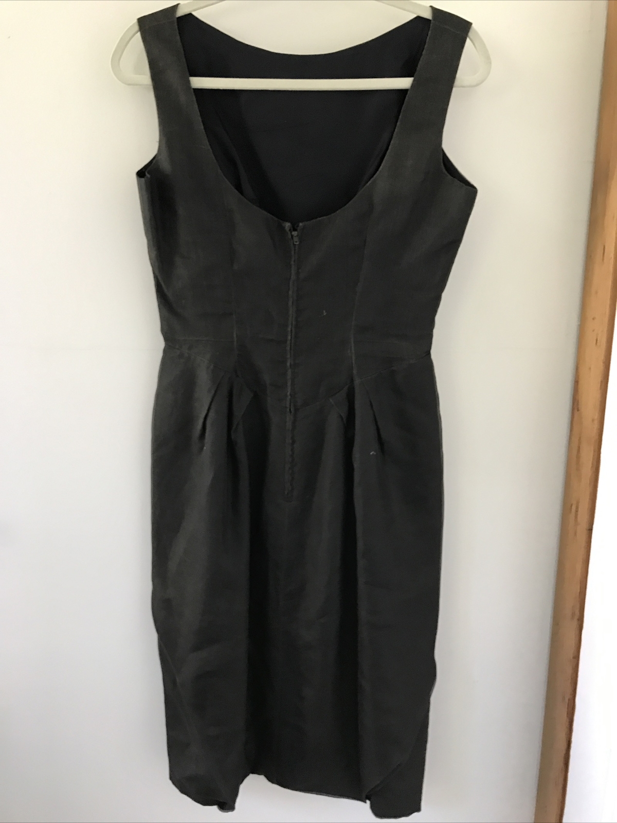 Vintage 1950s Handmade Black Crepe Fitted Waist Wiggle Cocktail Shift Dress 38″