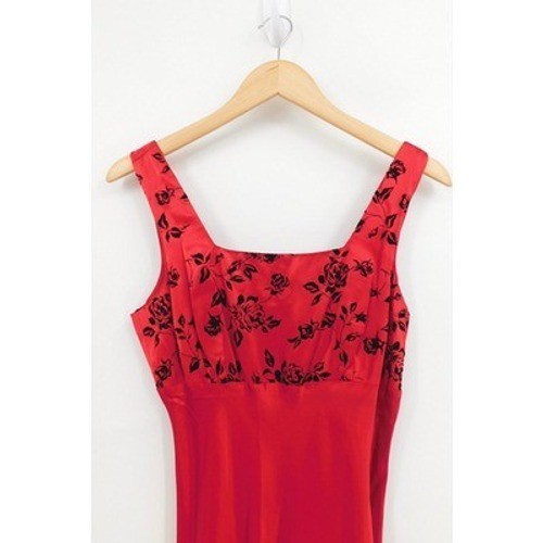 Be Smart Vintage 90s Red Satin Maxi Gown Black Flocked Floral Bodice Size 7/8