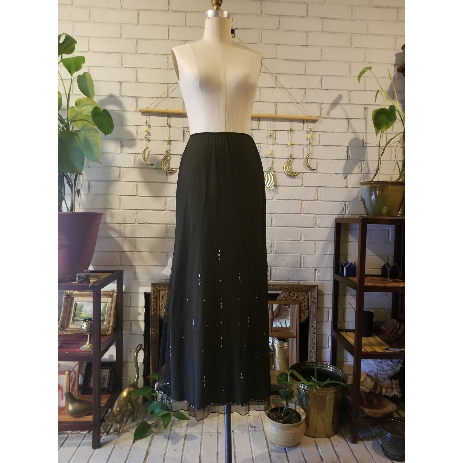 Vintage Anthropologie Y2K Black Mesh Studded Maxi Skirt Layered Tagged L Fits M