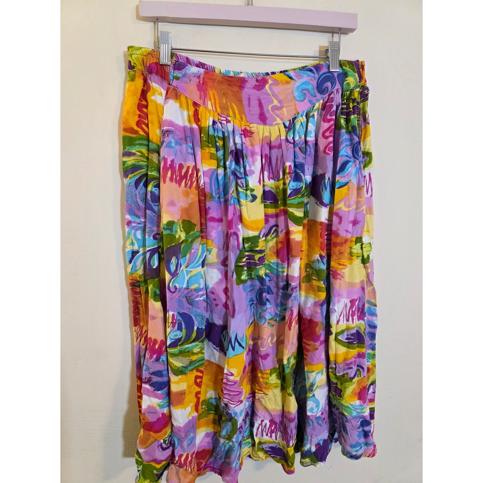 Vintage Art To Wear Boho Abstract Painterly Print Midi Skirt Multi-Color L