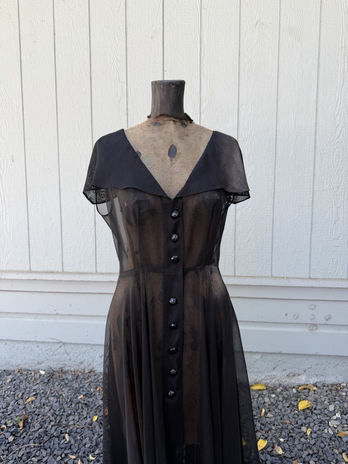 30s/40s Sheer Black Evening Dress 28W Capelet Sleeves Full Button Front Vintage