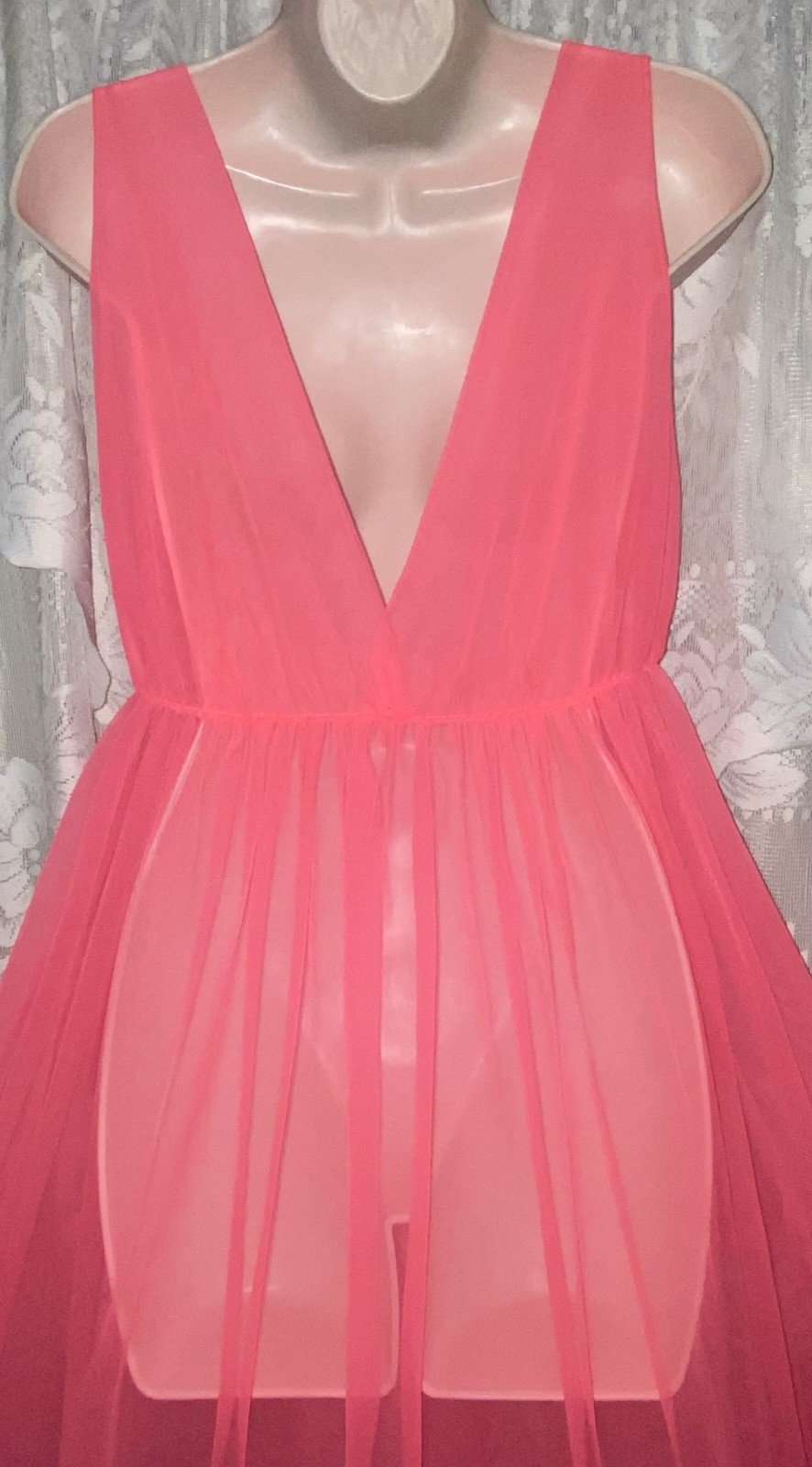 VTG NWOT L XL NEON CORAL Ultra Sheer Chiffon Full Sweep Nightgown w Panties Set