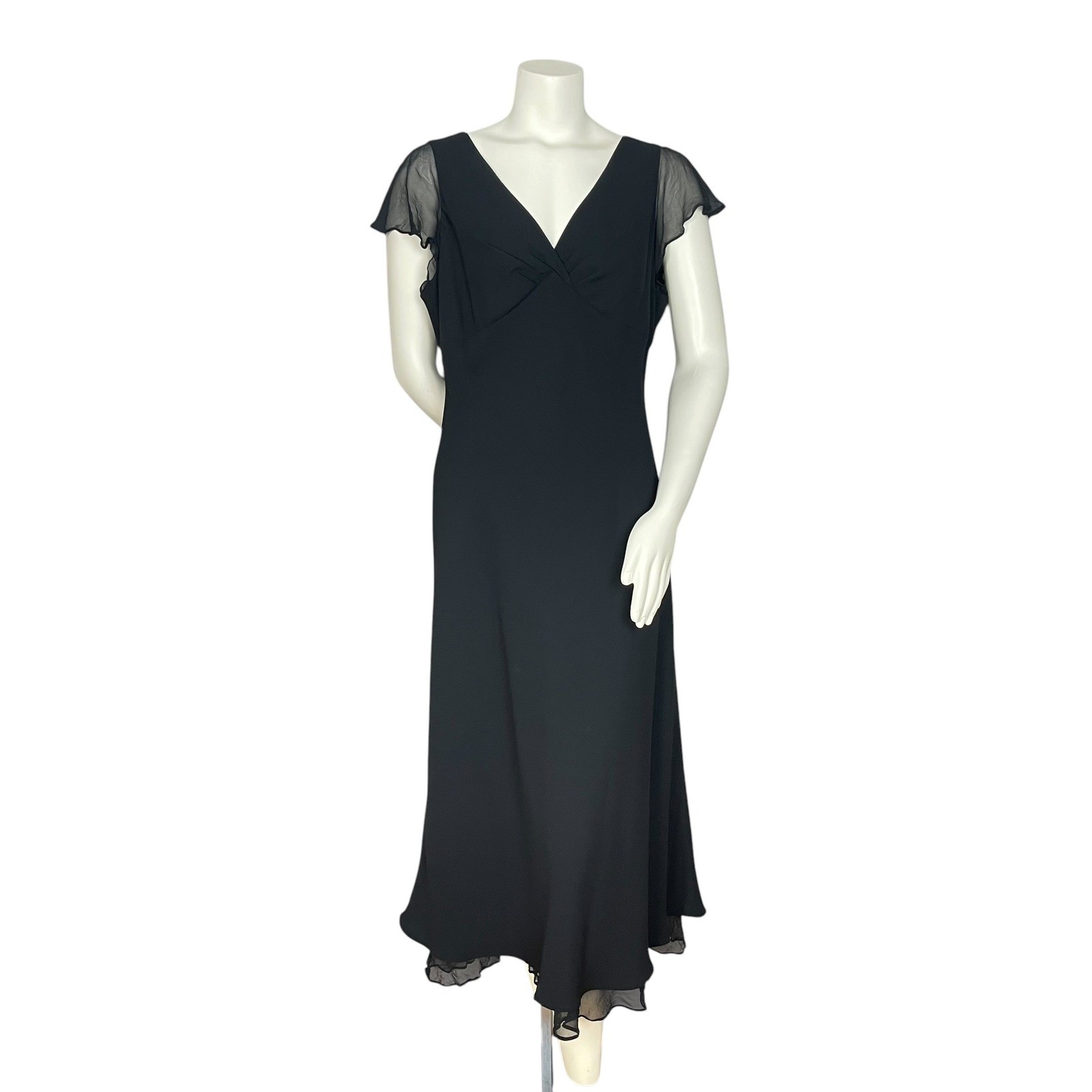 Vintage Jones New York Dress Midi Dress Women 16 Black Sheer Flutter Sleeve