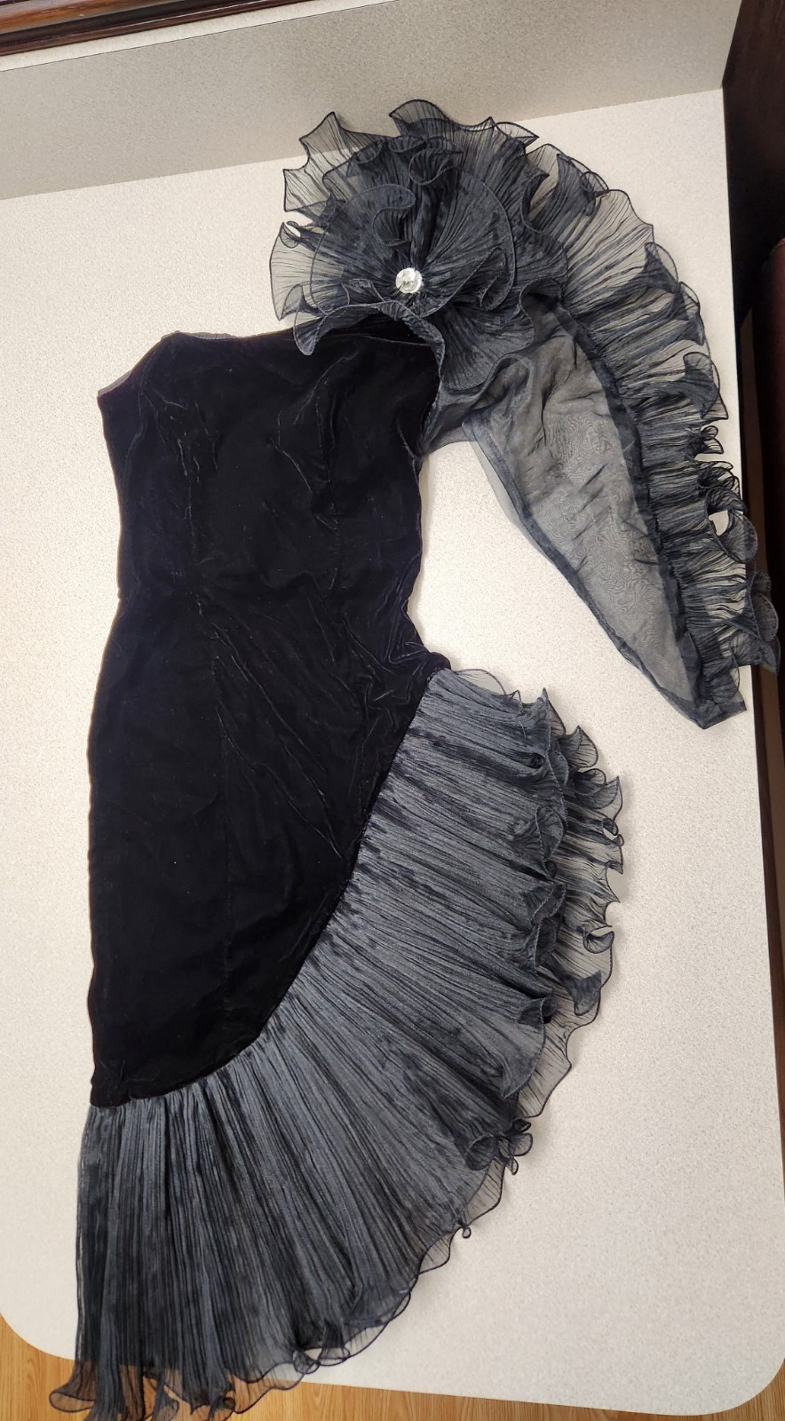 Vintage Karen Okada Climax Asymmetrical Sheer Ruffle Sleeve Dress Black Velvet 8