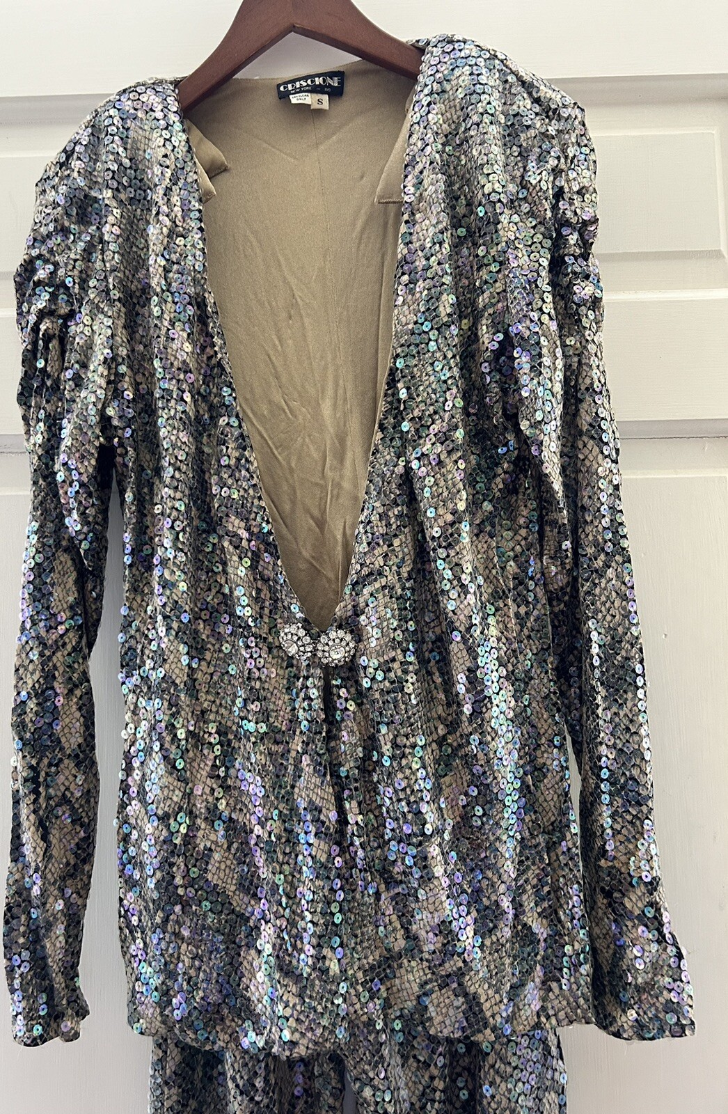 Vintage 80s Luxury Pant Suit Sz S Sequin Jersey Snakeskin Rhinestone CRISCIONE