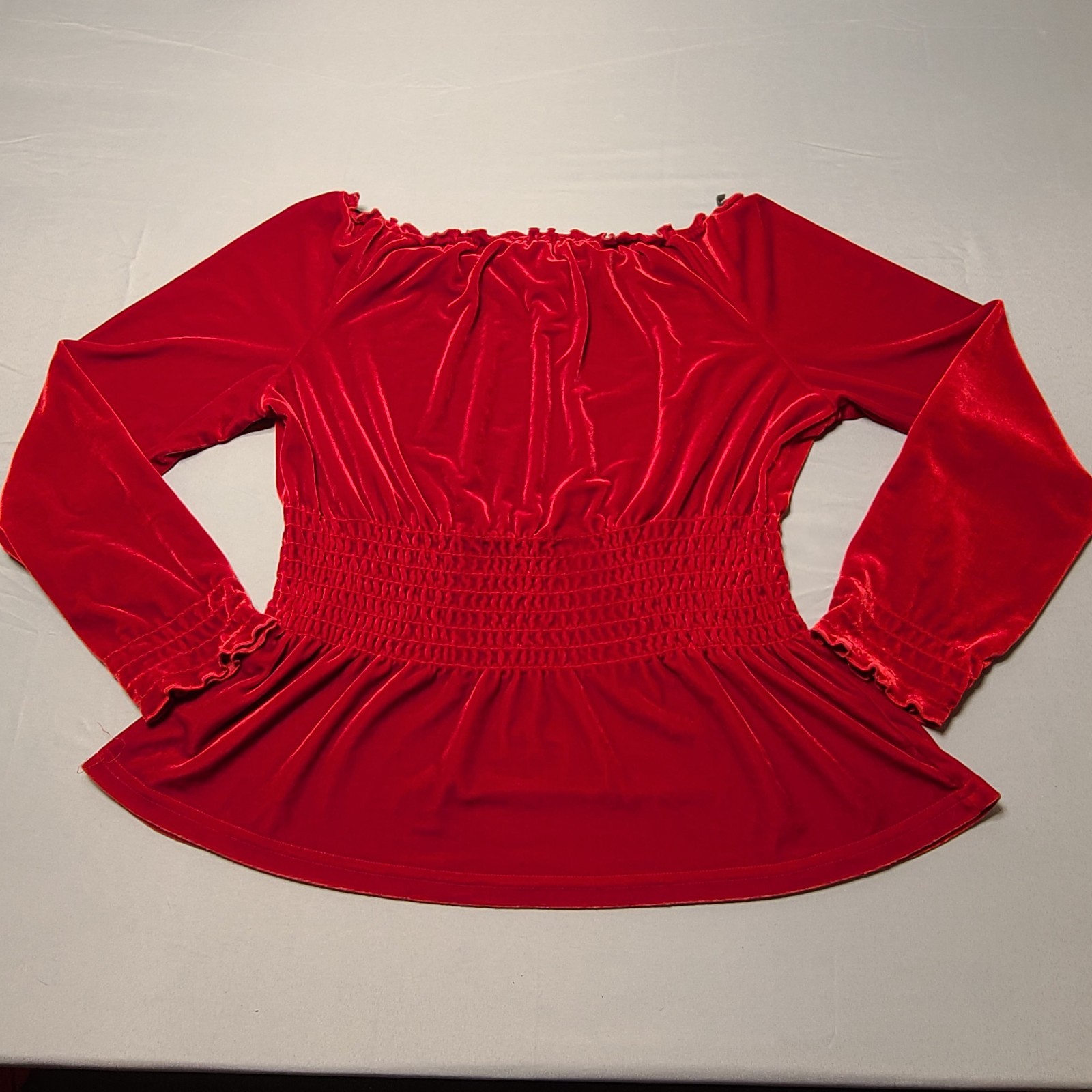 Vintage Jonden Red Velvet Blouse M Square Neck Long Sleeve Smocked Cuffs 90’s
