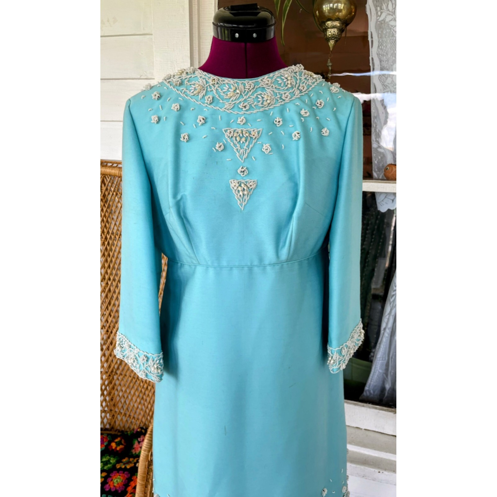Vintage 1960s Blue Heavy Beaded Silk/wool Blend Midi Dress