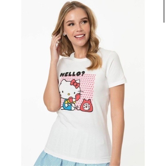 Unique Vintage Shirt Womens XXL White Hello Kitty Telephone Graphic Tee Retro