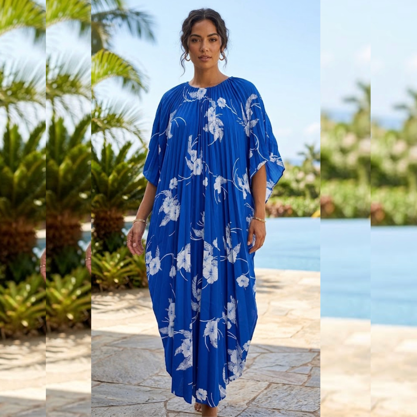 Vintage 70s 80s Royal Palm Hawaii Blue Pleated Kaftan Hibiscus Floral Dress