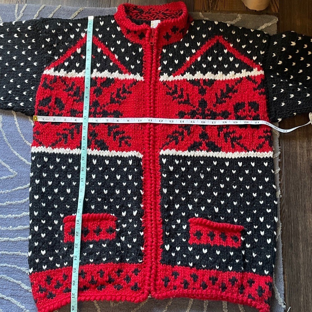 Vintage Unbranded Handmade Chunky Red & Black Zip-Up Wool Sweater Cardigan Sz M