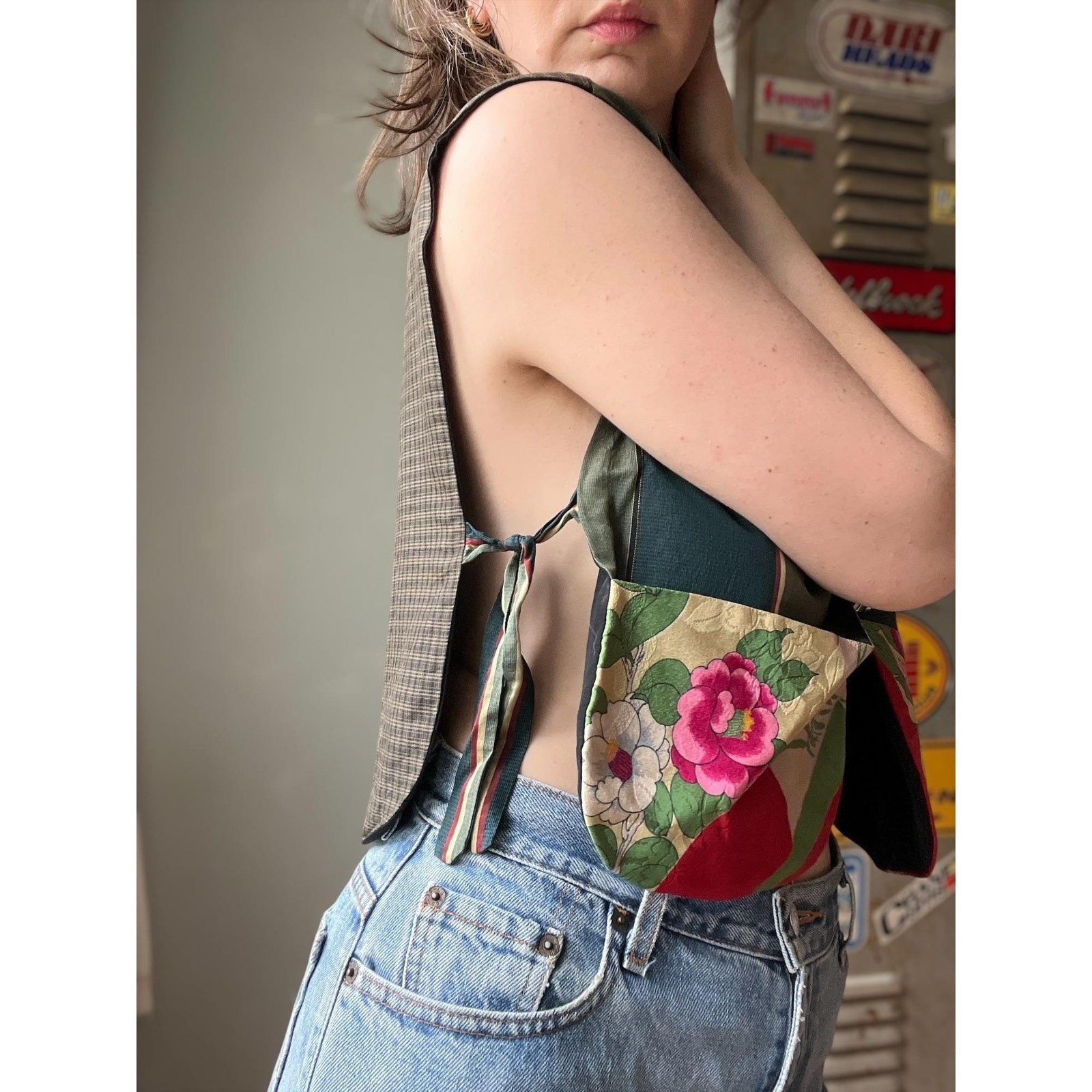 Vintage 90s Silk Patchwork Vest | Floral Brocade Crop | Artwear Festival Top | M