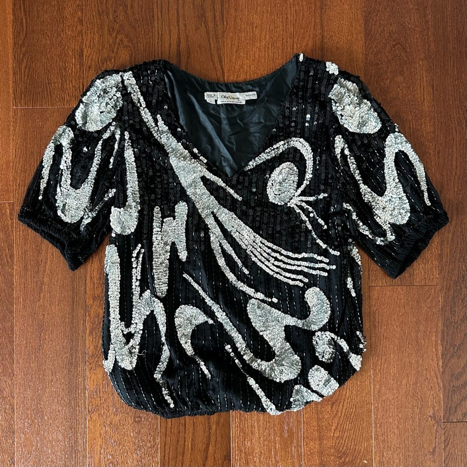 Vintage Oleg Cassini Silk Sequin and Beaded Blouse Holiday Party Festive Glam