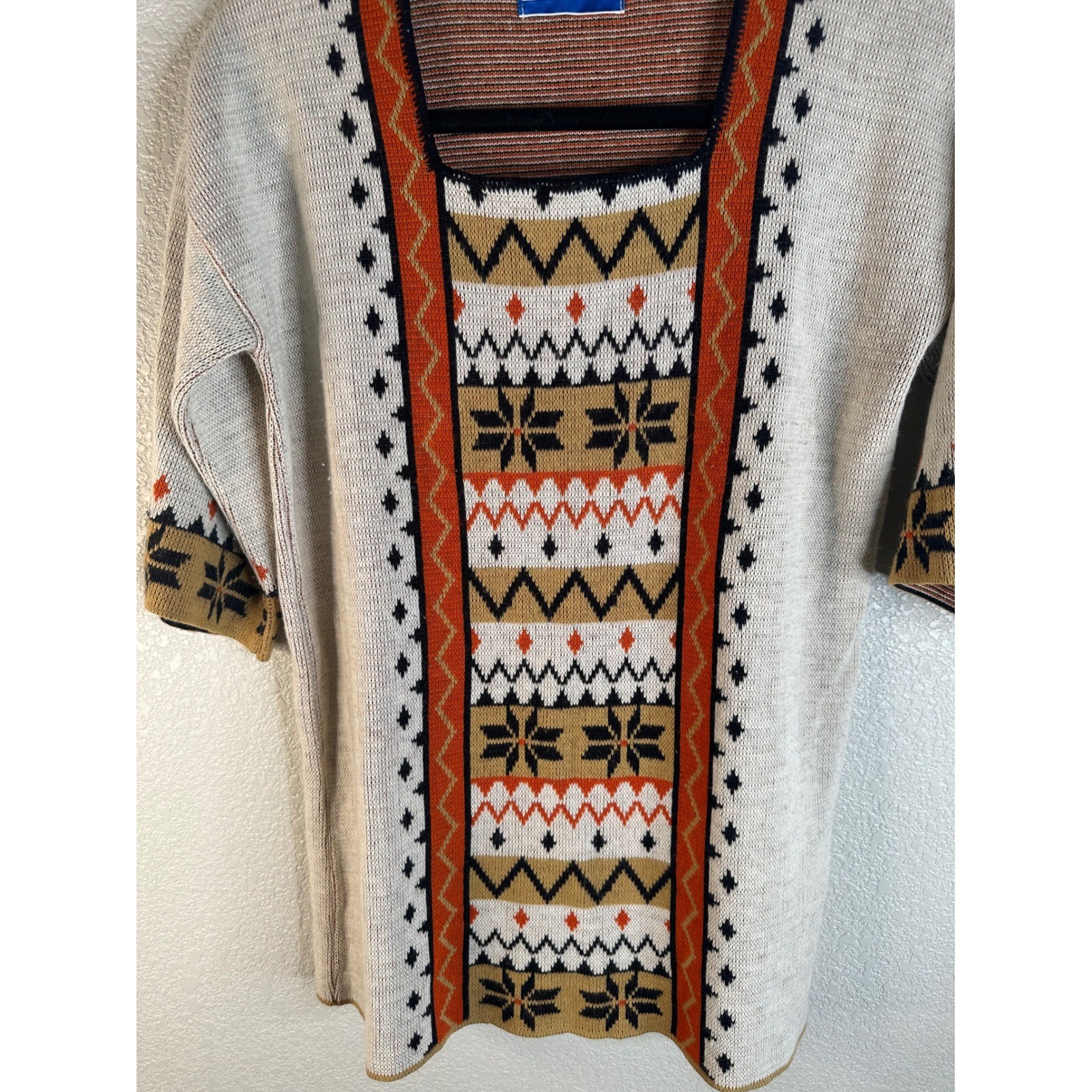 LeRoy Vintage Cream Geometric Fair Isle Square Neck Knit Sweater Top Size Medium