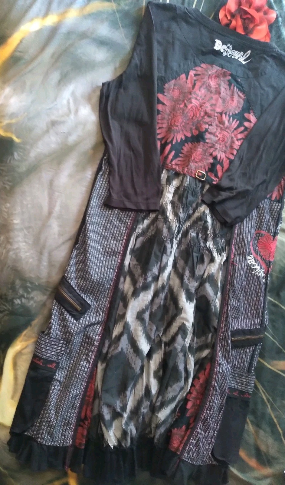 Vintage Desigual Dress Black Red Cotton Ruffle Hem Gothic Art Graffiti India