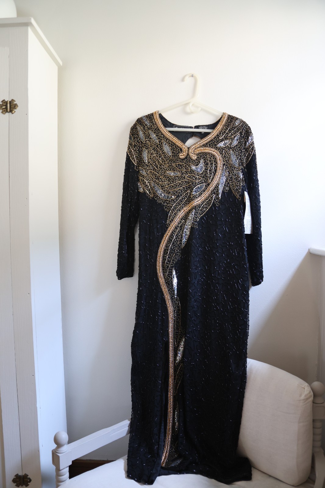 Vintage Jewel Queen 100% Silk Beaded Sequin Gown Dress Black Gold Silver Size 4