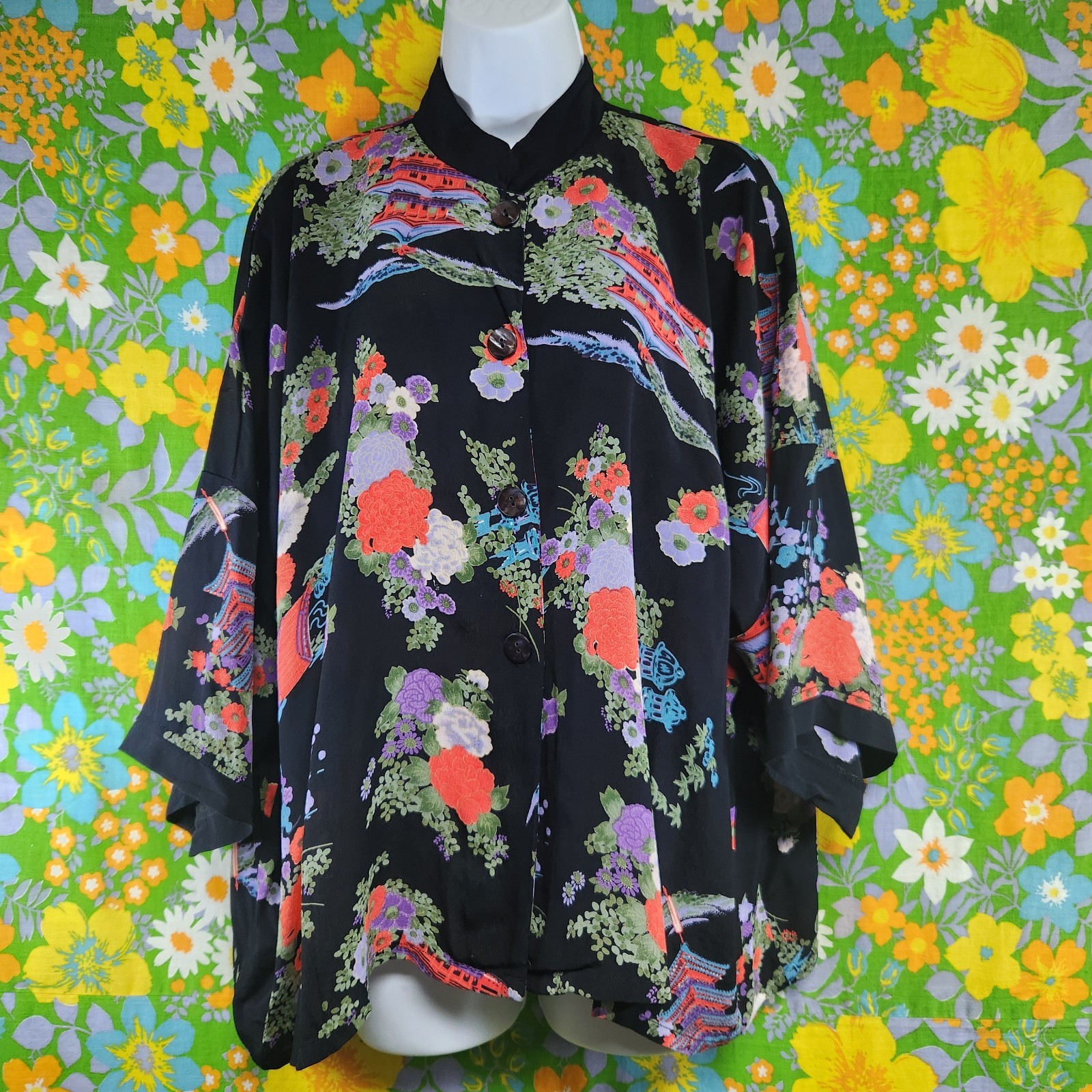 Norm Thompson Vintage 80s/90s Floral Kimono Style Oversized Blouse Cardigan S/M